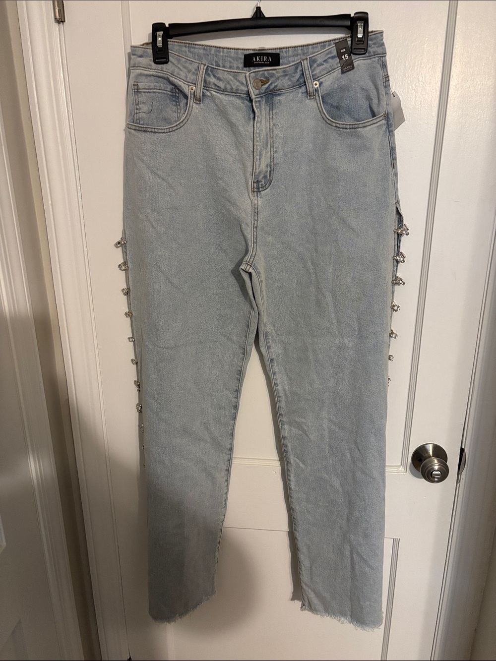 AKIRA Light Blue Straight-Leg Jeans with Side Button Trim